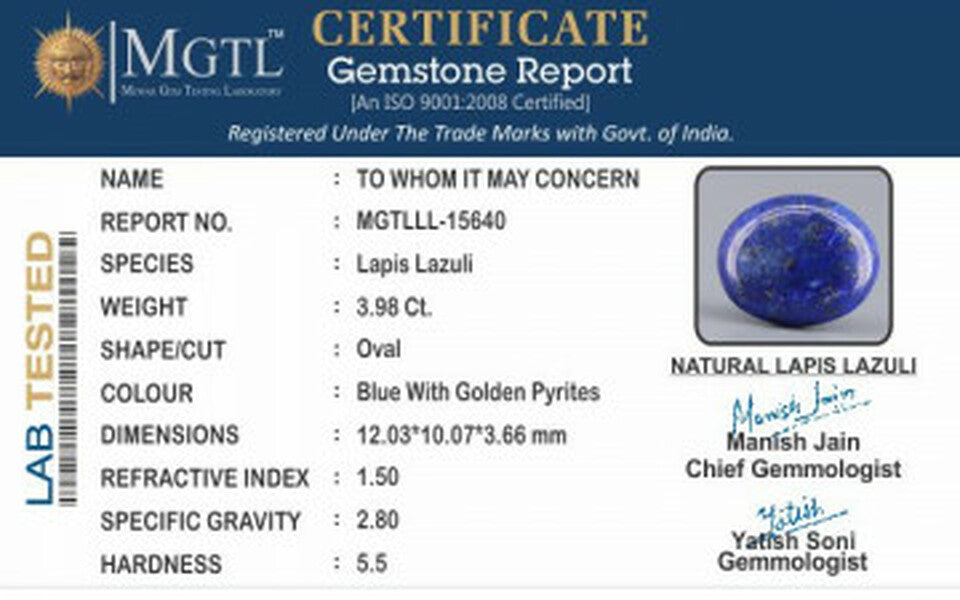 Natural Lapis Lazuli - 3.98 Carat Limited - Quality  LL-15640
