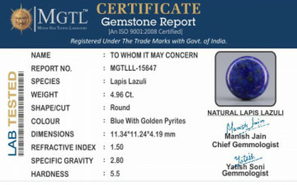 Natural Lapis Lazuli - 4.96 Carat Limited - Quality  LL-15647