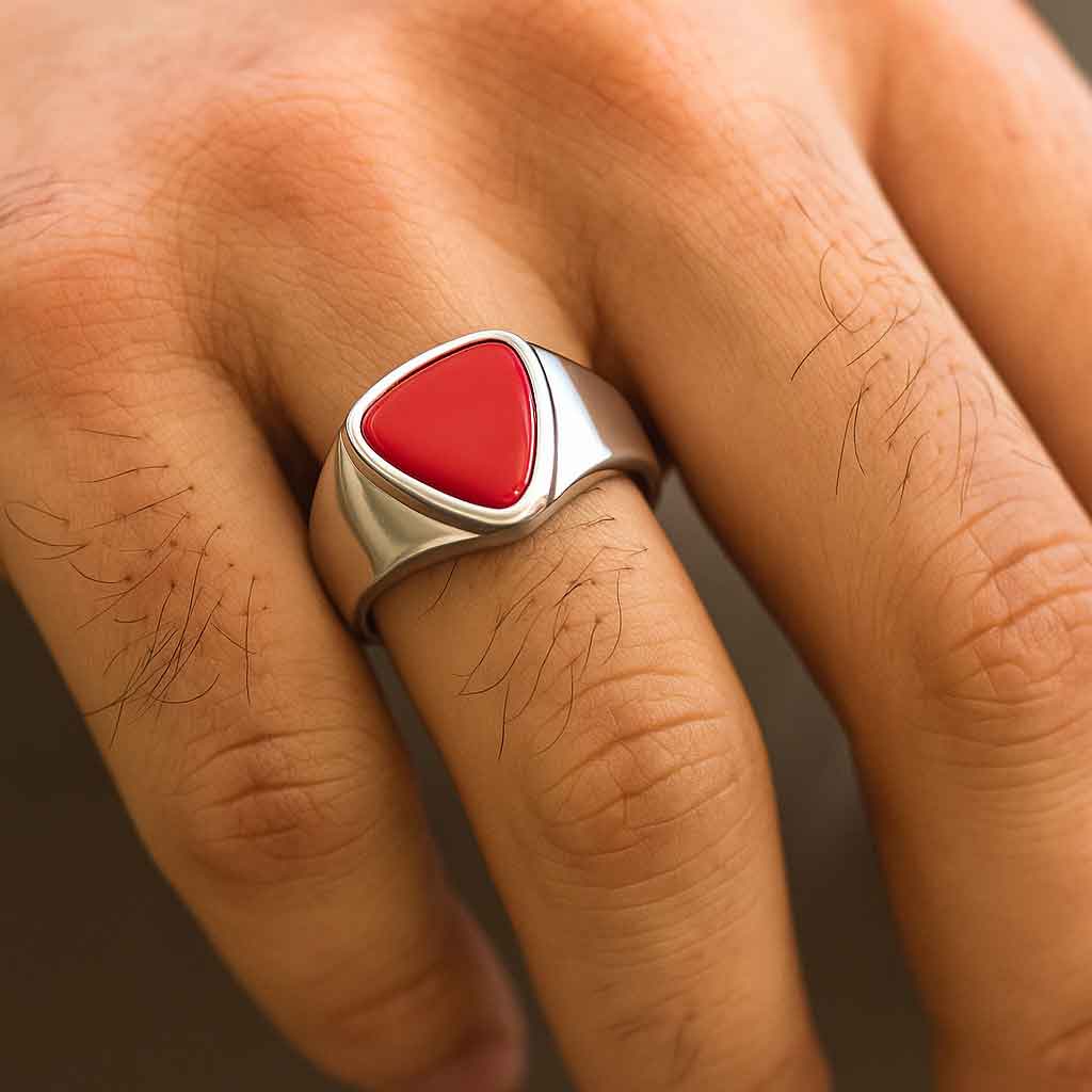 Luxury Handmade 925 Silver Triangle Red Coral Gemstone For Men