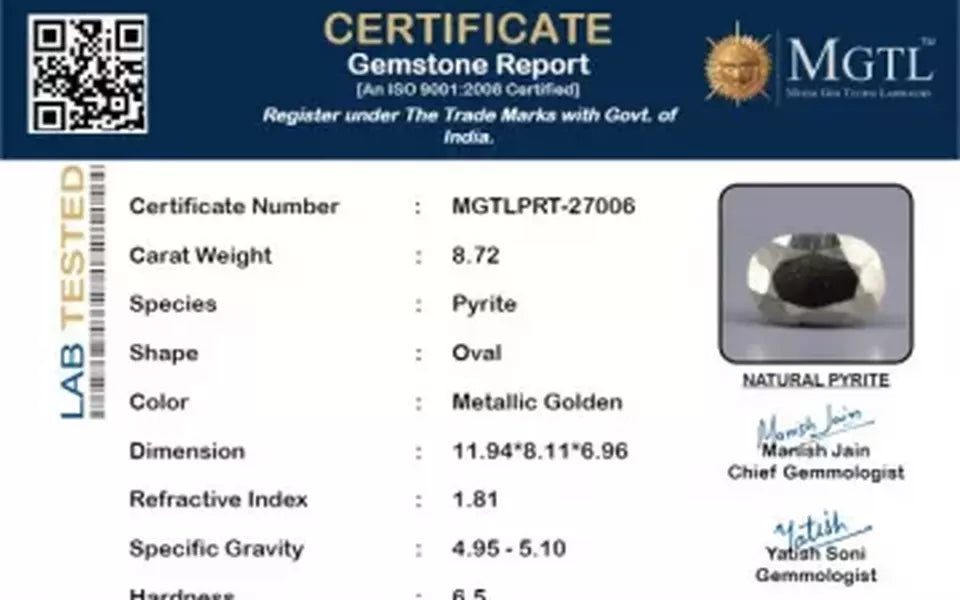 Natural Pyrite - 8.72 Carat Prime Quality PRT-27006