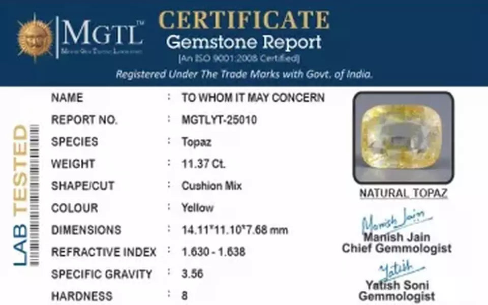 Natural Yellow Topaz - 11.37 Carat Limited Quality YT-25010