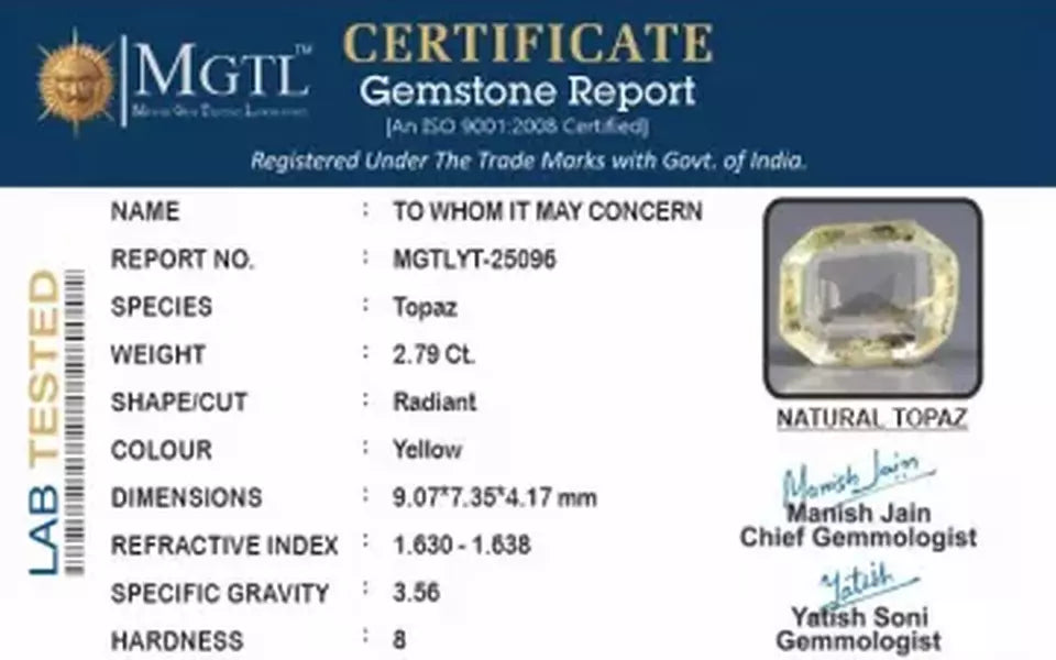 Natural Yellow Topaz - 2.79 Carat Fine Quality YT-25096