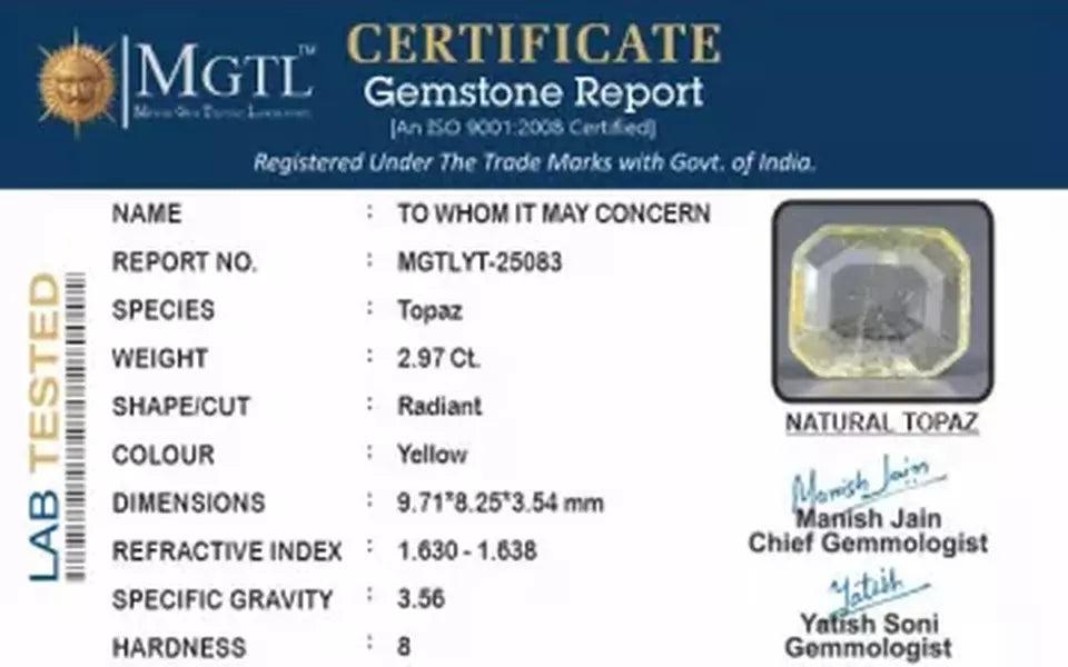 Natural Yellow Topaz - 2.97 Carat Fine Quality YT-25083