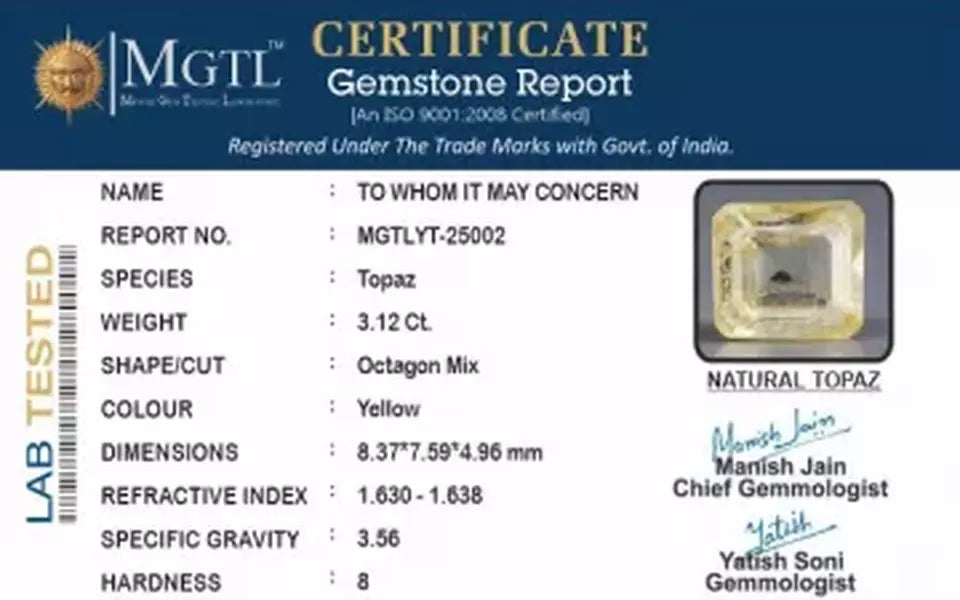 Natural Yellow Topaz - 3.12 Carat Limited Quality YT-25002