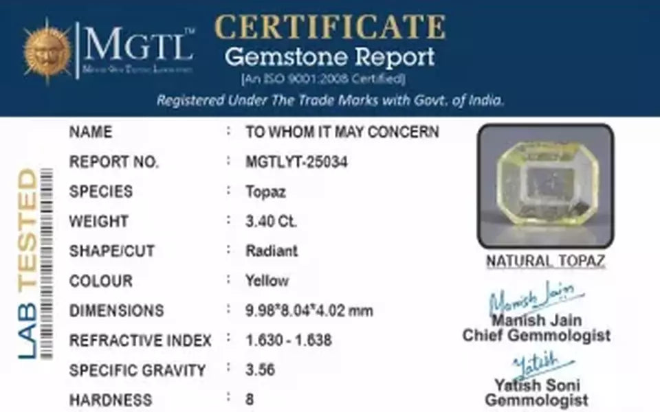 Natural Yellow Topaz - 3.40 Carat Prime Quality YT-25034