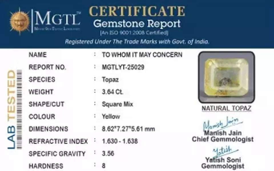Natural Yellow Topaz - 3.64 Carat Limited Quality YT-25029