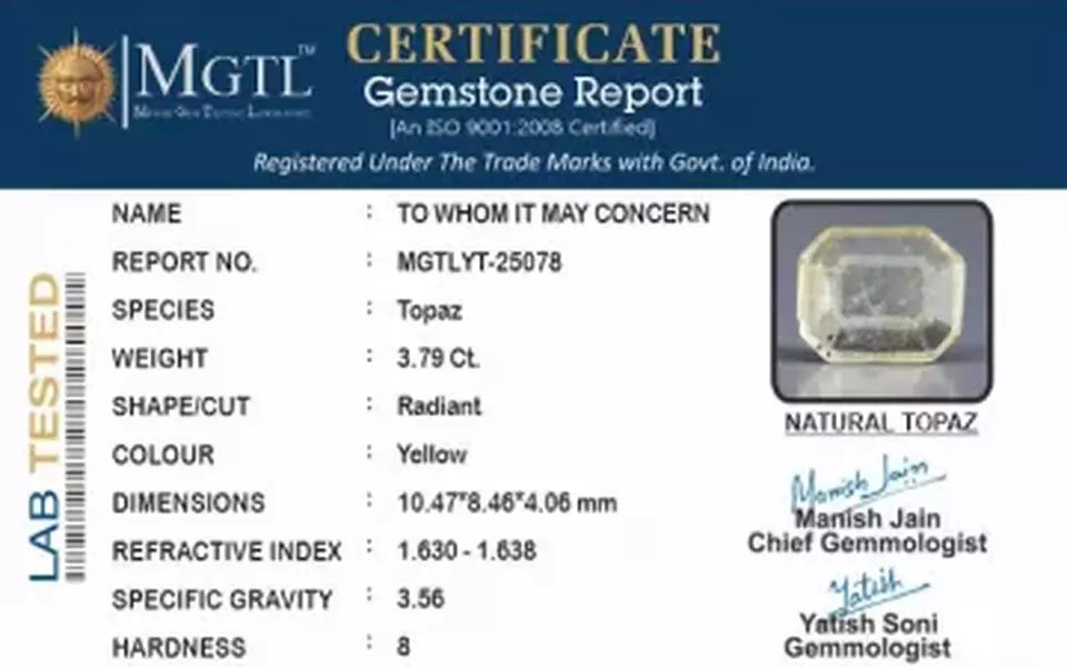 Natural Yellow Topaz - 3.79 Carat Prime Quality YT-25078