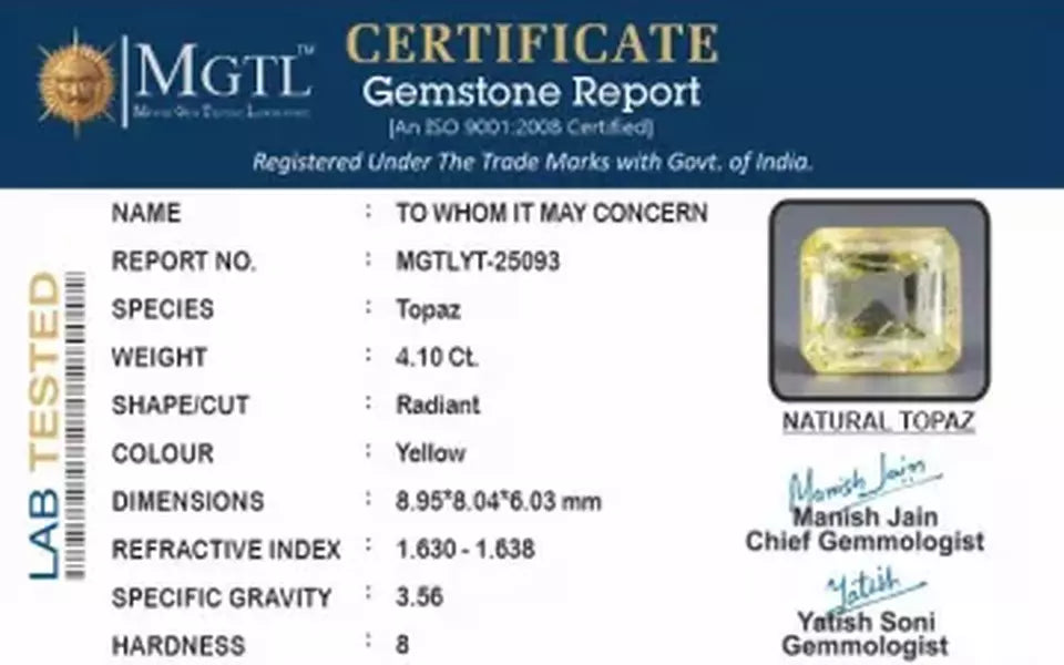 Natural Yellow Topaz - 4.10 Carat Limited Quality YT-25093