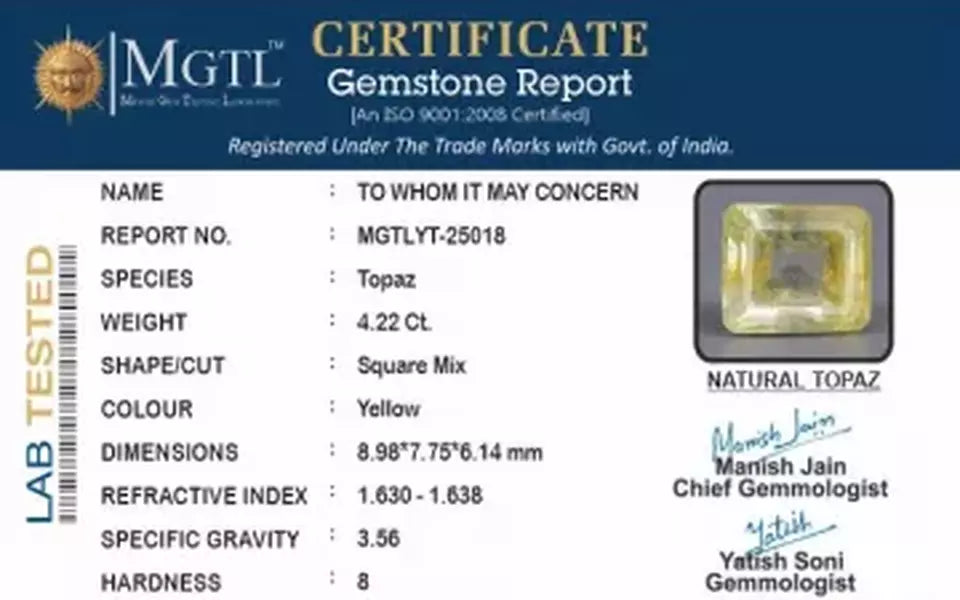Natural Yellow Topaz - 4.22 Carat Prime Quality YT-25018