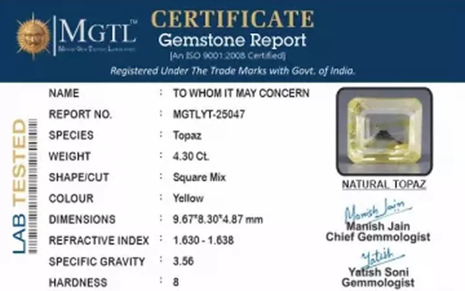 Natural Yellow Topaz - 4.30 Carat Rare Quality YT-25047