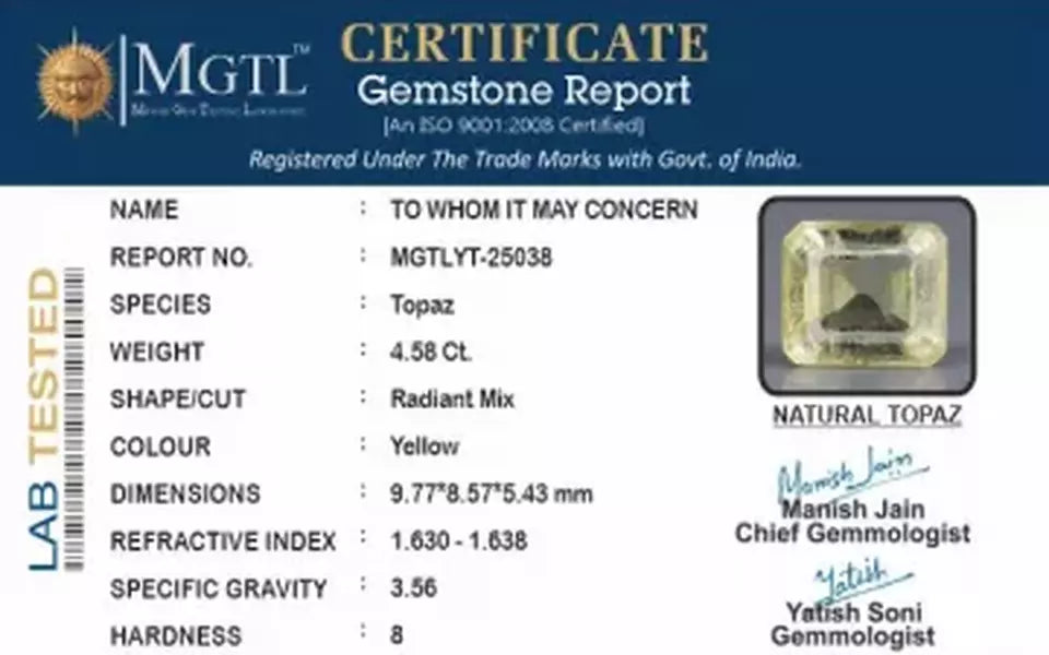 Natural Yellow Topaz - 4.58 Carat Rare Quality YT-25038