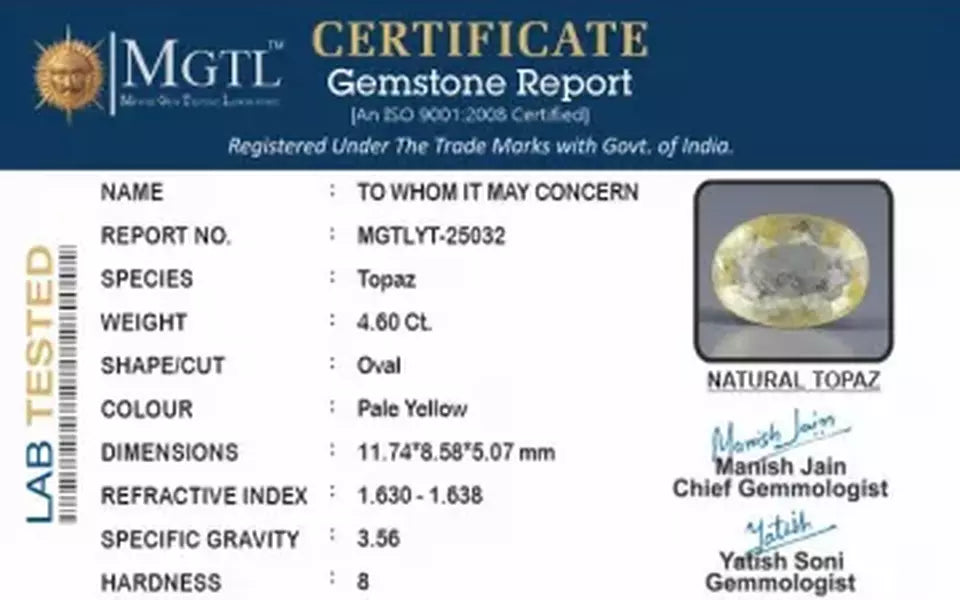 Natural Yellow Topaz - 4.60 Carat Prime Quality YT-25032