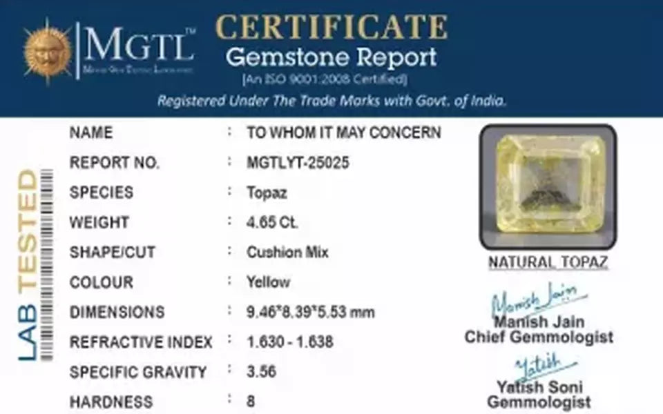Natural Yellow Topaz - 4.65 Carat Rare Quality YT-25025
