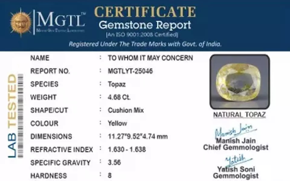 Natural Yellow Topaz - 4.68 Carat Prime Quality YT-25046