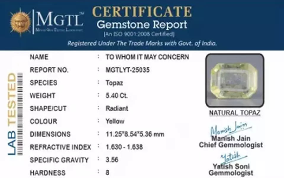 Natural Yellow Topaz - 5.40 Carat Limited Quality YT-25035