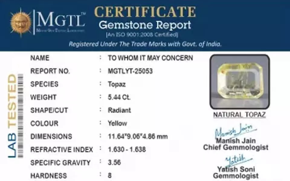 Natural Yellow Topaz - 5.44 Carat Limited Quality YT-25053
