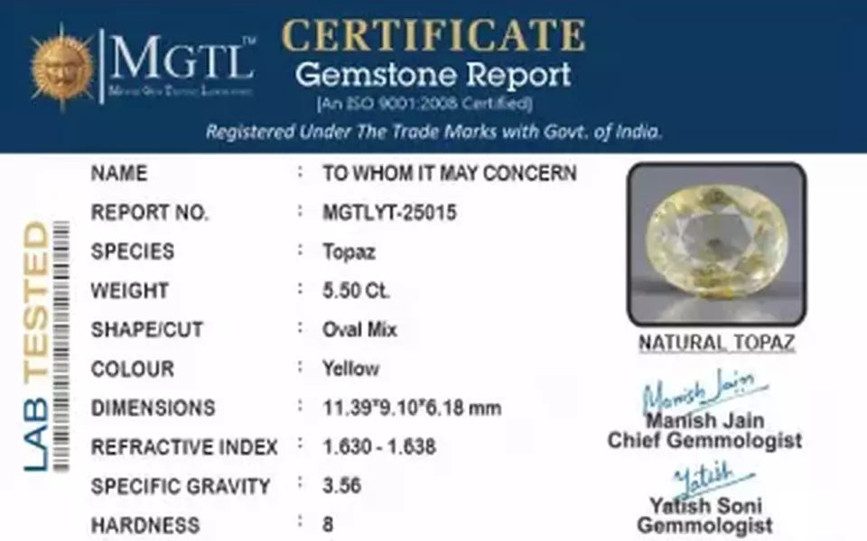 Natural Yellow Topaz - 5.50 Carat Rare Quality YT-25015