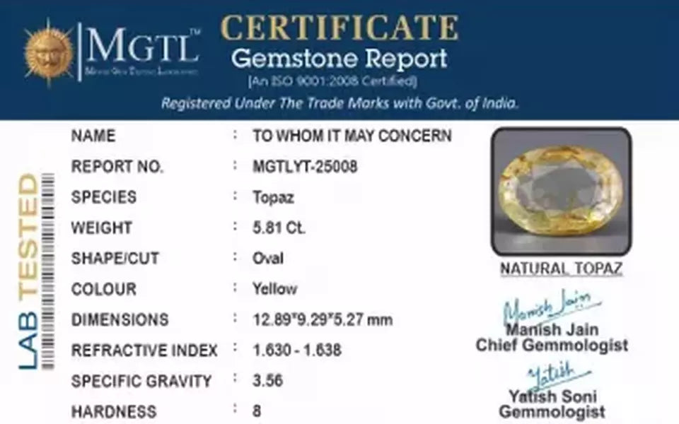 Natural Yellow Topaz - 5.81 Carat Rare Quality YT-25008