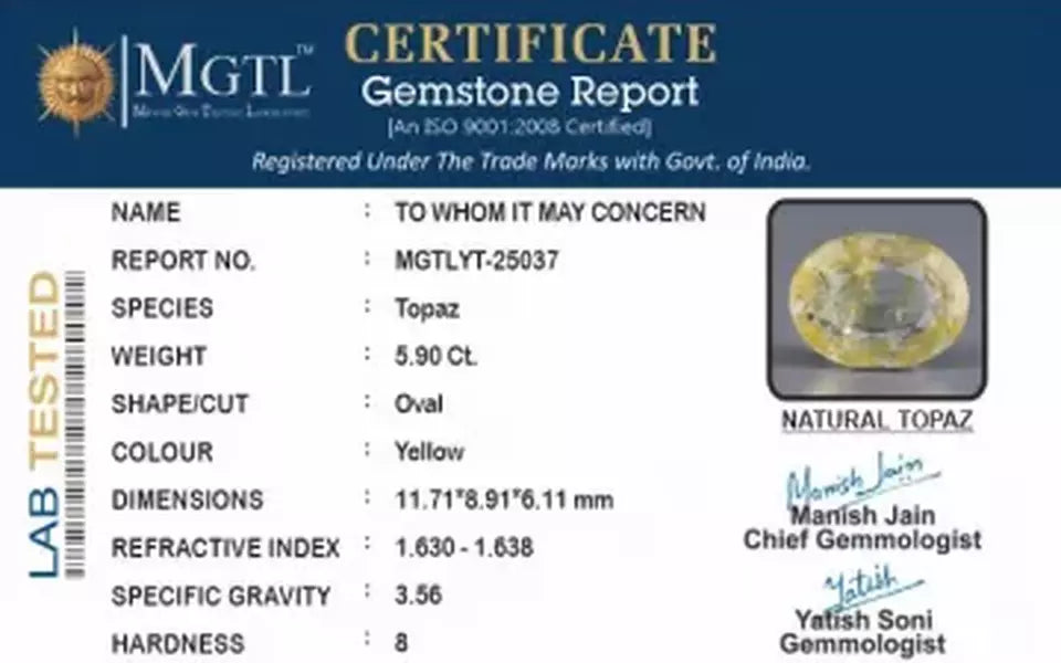Natural Yellow Topaz - 5.90 Carat Rare Quality YT-25037