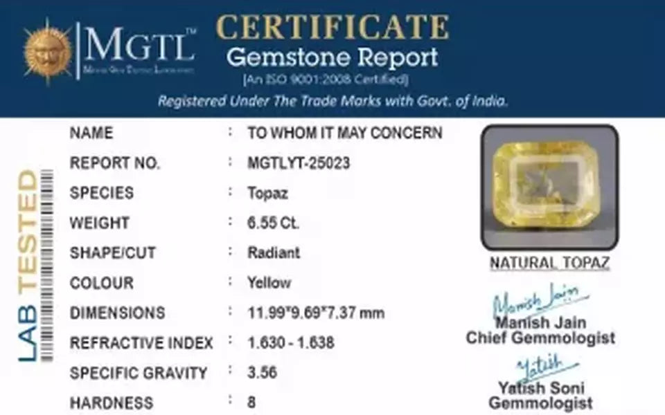 Natural Yellow Topaz - 6.55 Carat Rare Quality YT-25023