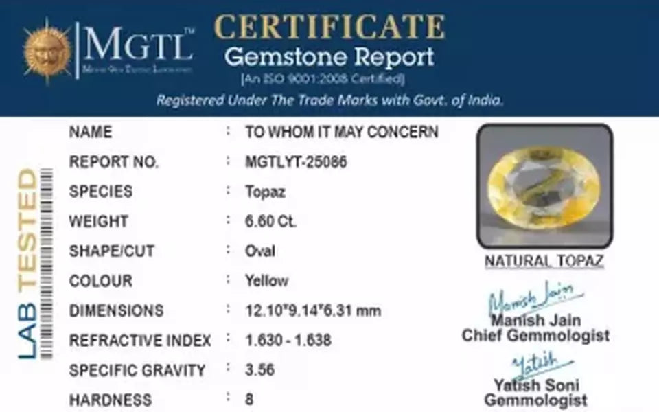 Natural Yellow Topaz - 6.60 Carat Prime Quality YT-25086