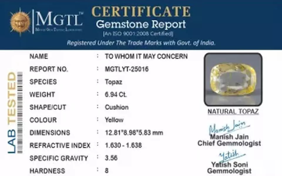 Natural Yellow Topaz - 6.94 Carat Rare Quality YT-25016