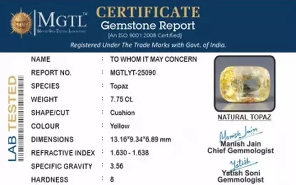 Natural Yellow Topaz - 7.75 Carat Rare Quality YT-25090