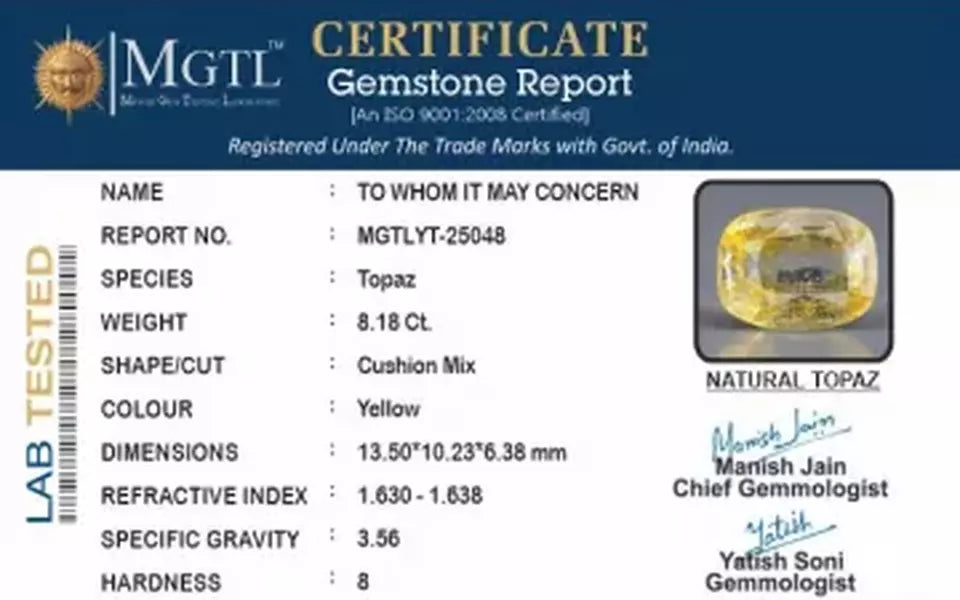 Natural Yellow Topaz - 8.18 Carat Rare Quality YT-25048