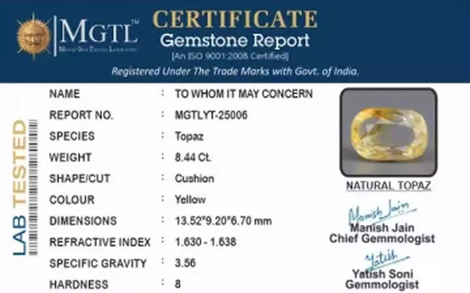 Natural Yellow Topaz - 8.44 Carat Rare Quality YT-25006
