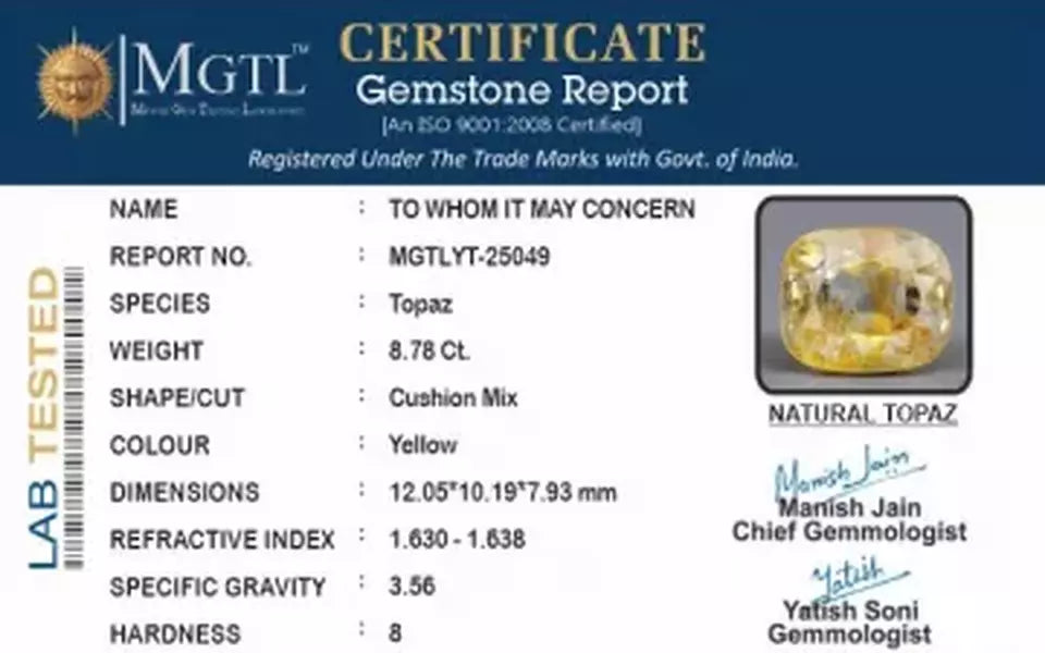 Natural Yellow Topaz - 8.78 Carat Prime Quality YT-25049