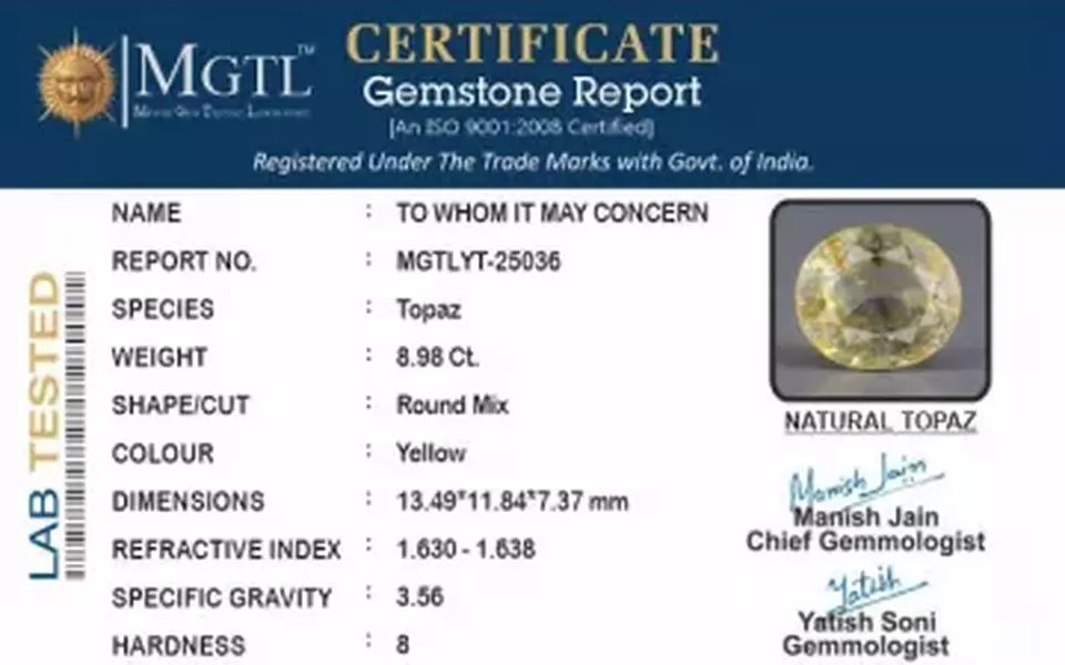 Natural Yellow Topaz - 8.98 Carat Limited Quality YT-25036