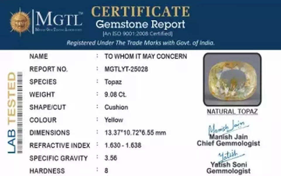 Natural Yellow Topaz - 9.08 Carat Prime Quality YT-25028