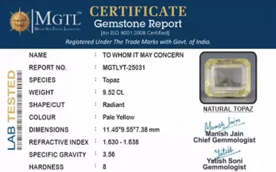 Natural Yellow Topaz - 9.52 Carat Limited Quality YT-25031