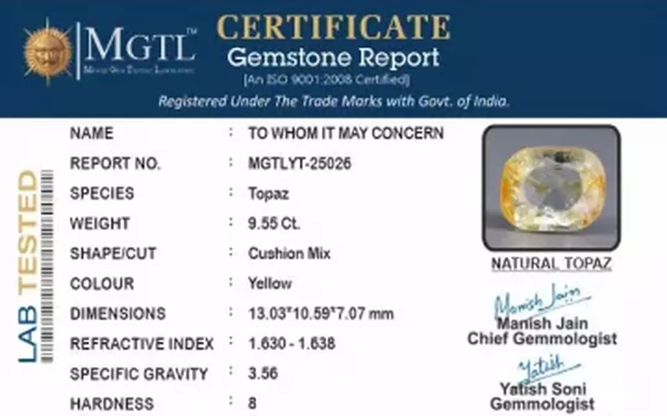 Natural Yellow Topaz - 9.55 Carat Prime Quality YT-25026