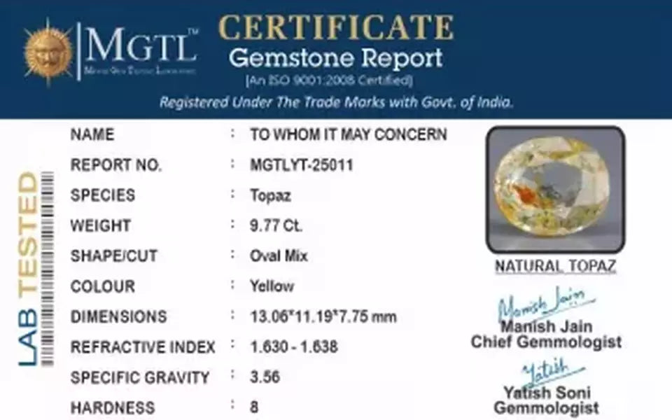 Natural Yellow Topaz - 9.77 Carat Rare Quality YT-25011