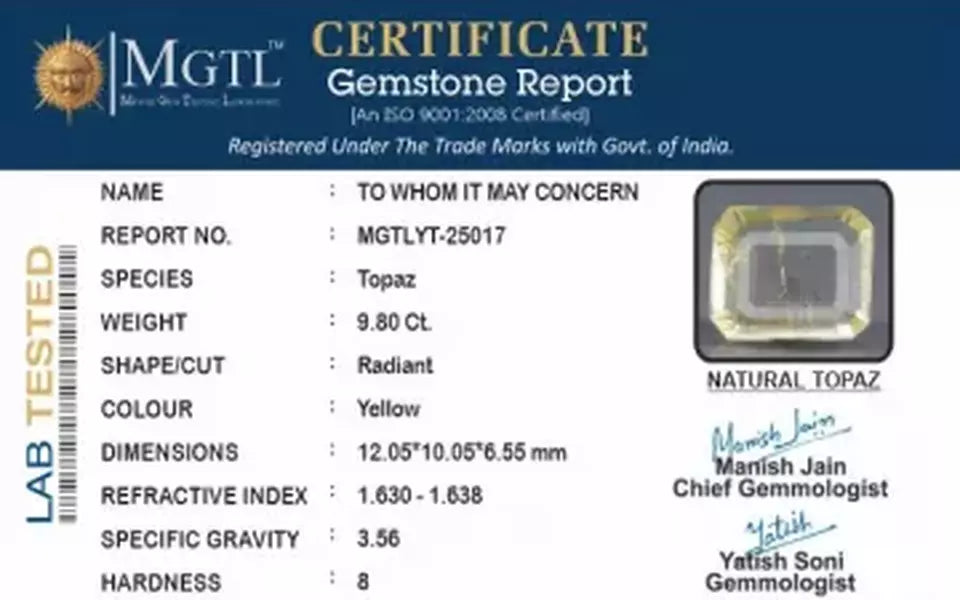 Natural Yellow Topaz - 9.80 Carat Limited Quality YT-25017