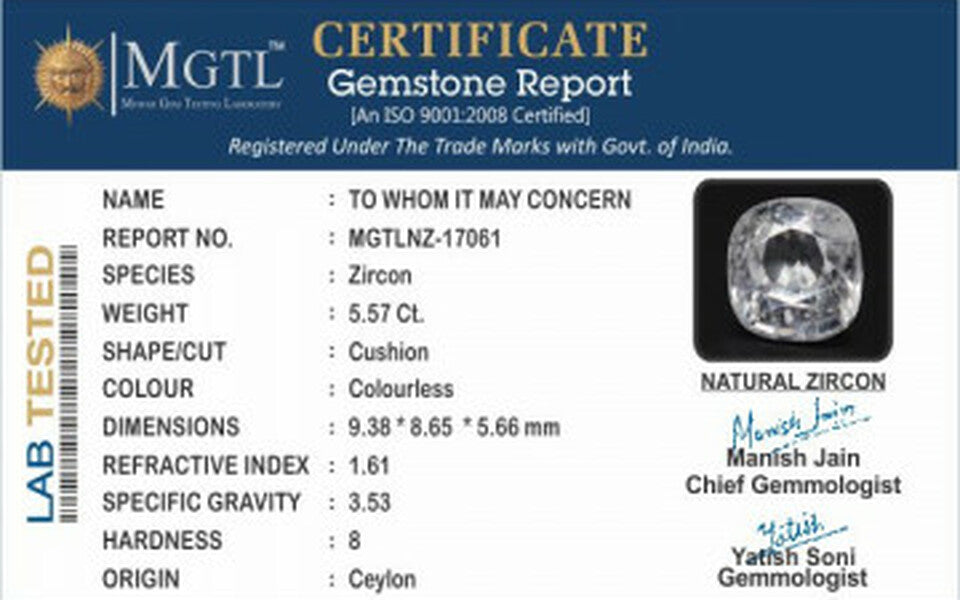 Ceylon White Zircon - NZ 17061 Limited - Quality 5.57 Carat