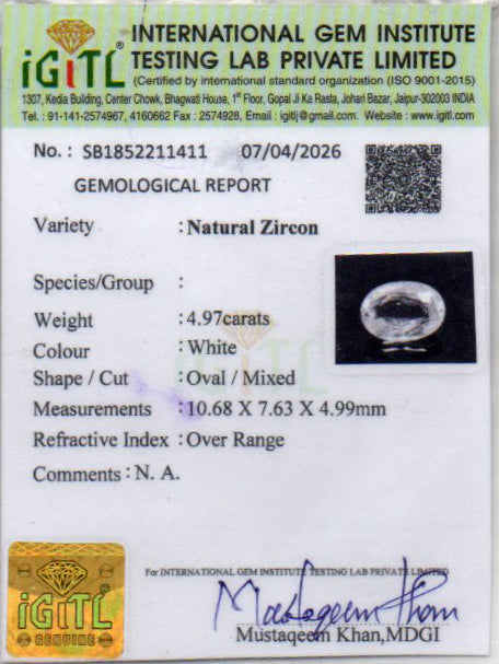 Ceylon Natural Zircon - 4.97 Carat Rare Quality NZ-17198
