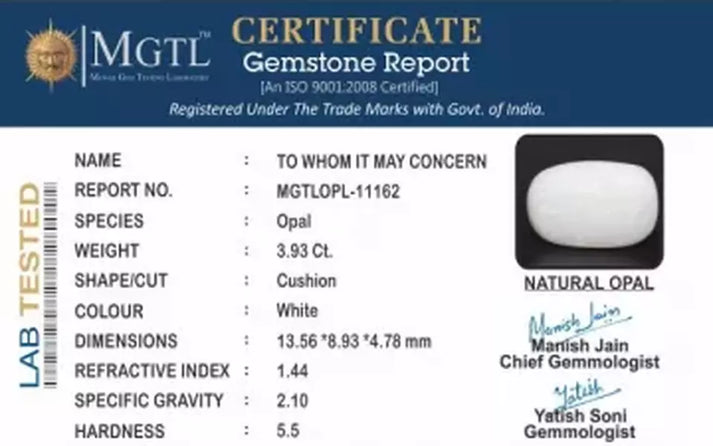 Natural Australian Opal certificate confirming genuine, untreated gemstone at MyRatna