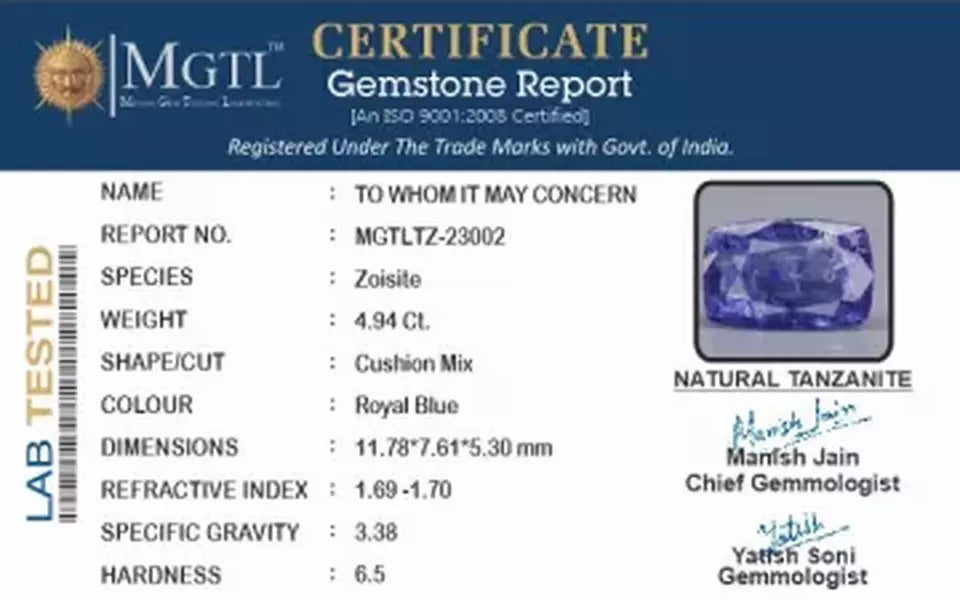 Tanzanite Gemstone - 4.94 Carat Prime Quality TZ-23002