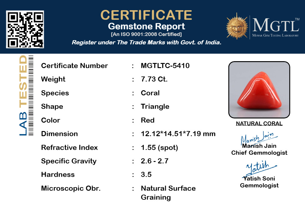 Red Coral - 7.73 Carat (8.54 Ratti - Moonga)