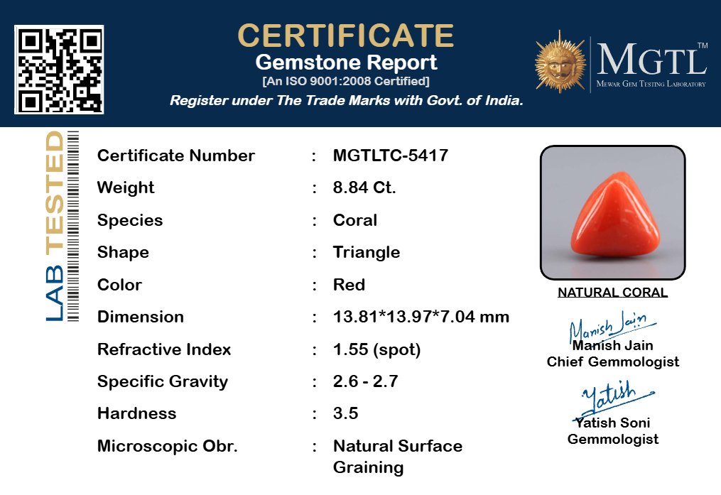 Red Coral - 8.84 Carat (9.77 Ratti - Moonga)