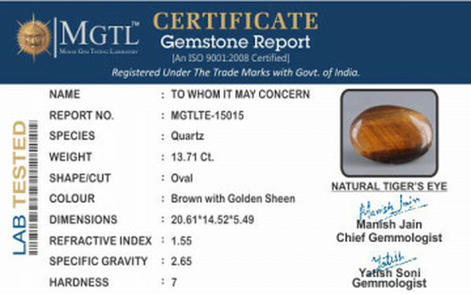 Tiger's Eye - TE 15015 Prime - Quality  13.71 Carat