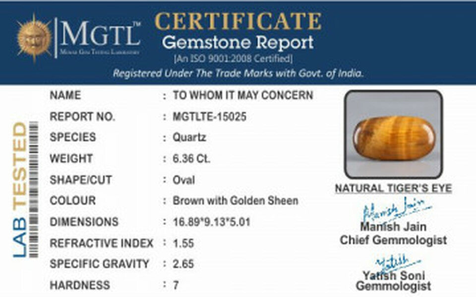 Tiger's Eye - TE 15025 Prime - Quality  6.36 Carat
