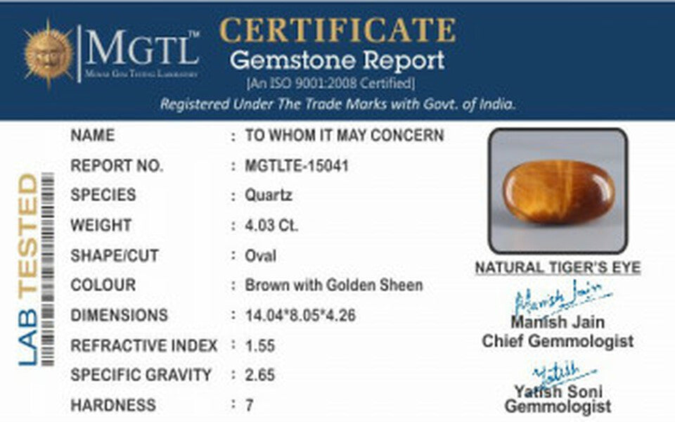 Tiger's Eye - TE 15041 Prime - Quality  4.03 Carat