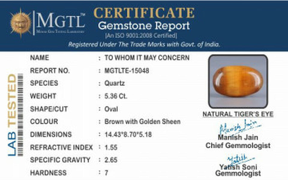 Tiger's Eye - TE 15048 Prime - Quality  5.36 Carat