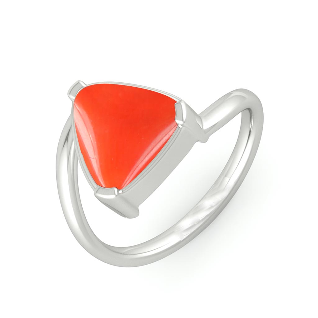 Traditional 925 Silver Triangle Red Coral (Moonga) Ring for Women