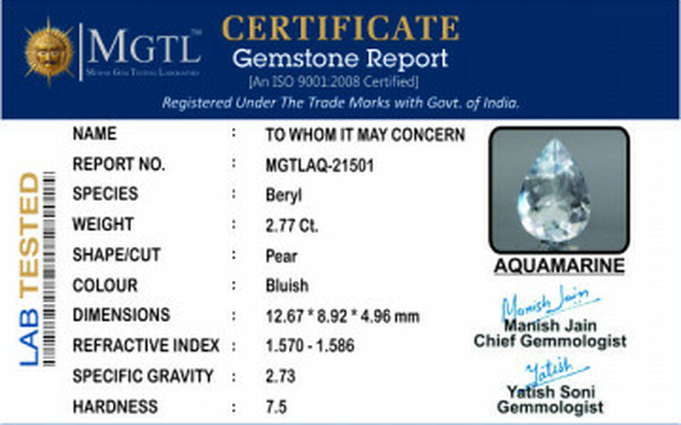 Aquamarine  Gemstone - 2.77 Carats | Premium Quality