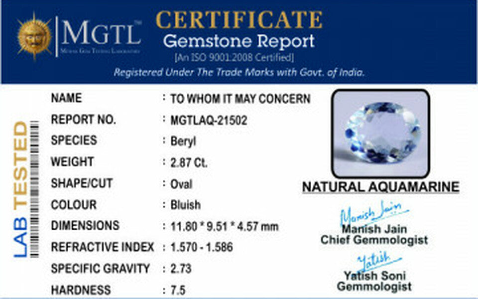 Aquamarine  Gemstone - 2.87 Carats | Premium Quality