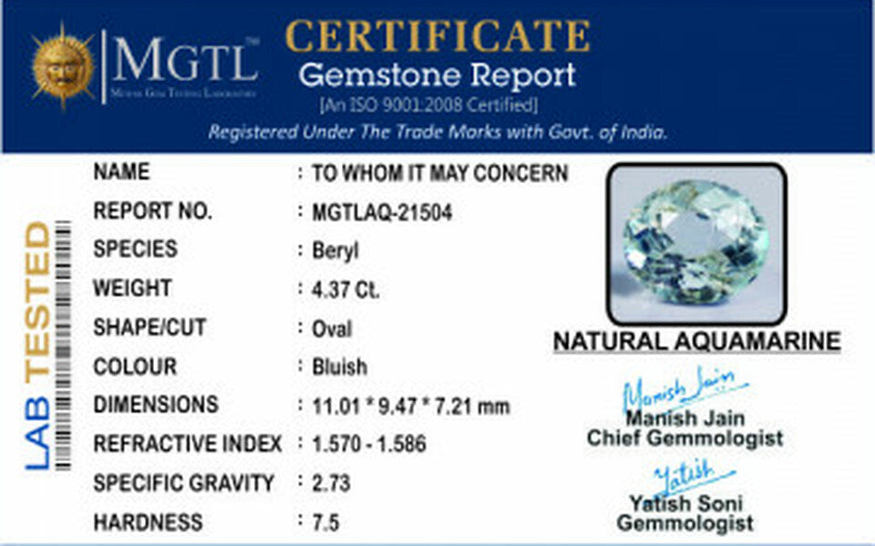 Aquamarine  Gemstone - 4.37 Carats | Premium Quality